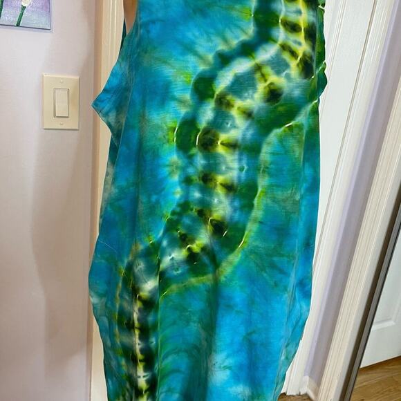 Hand tie dyed sleeveless dress green teal river path L - Picture 5 of 7